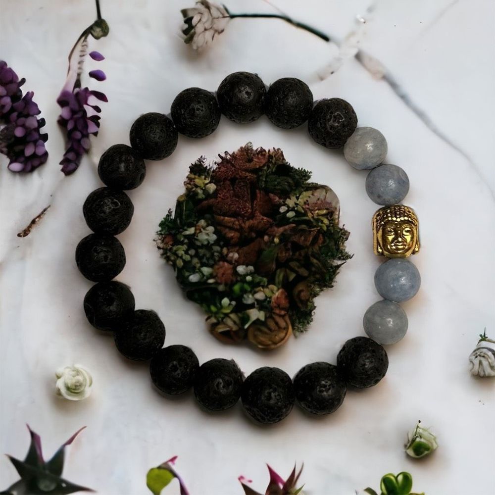 Blue Aventurine and Lava Stone Buddha Charm Bracelet